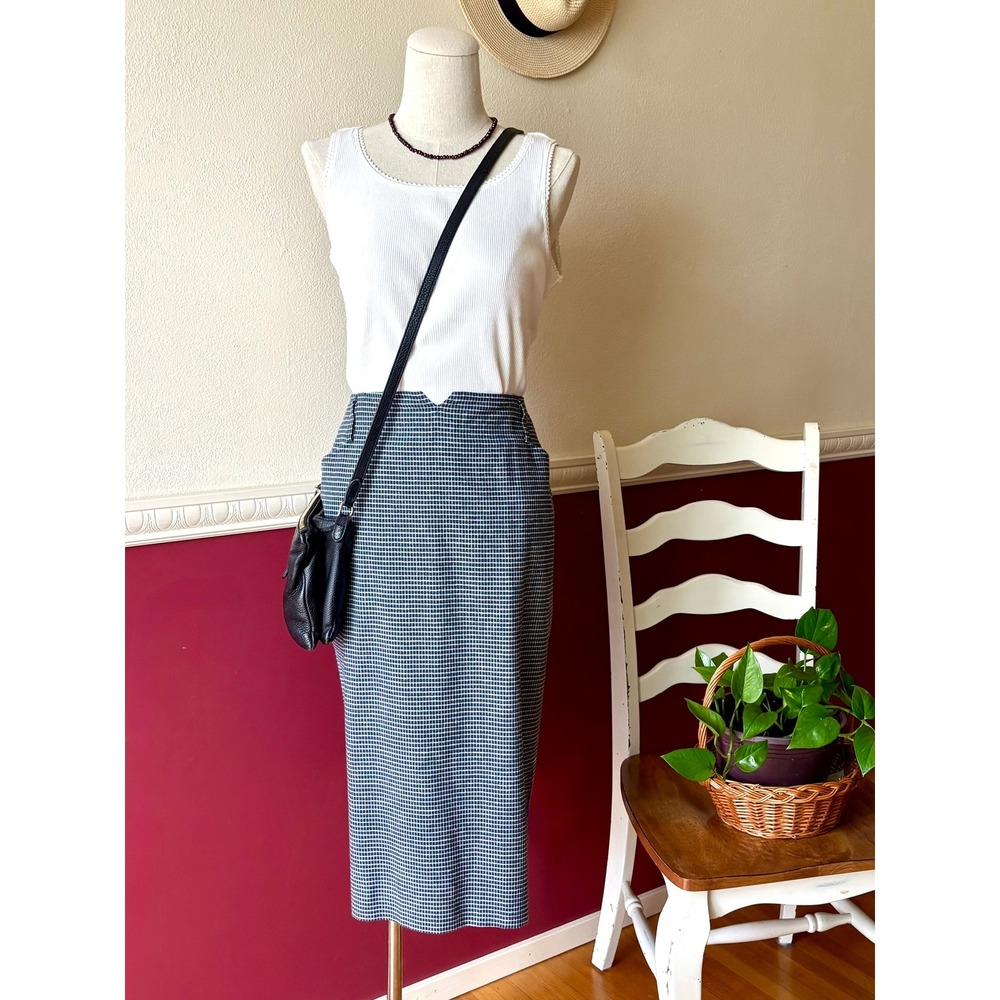 Vintage Counterparts Navy Micro Check Pencil Skirt Notched Waist Midi 14 Pockets